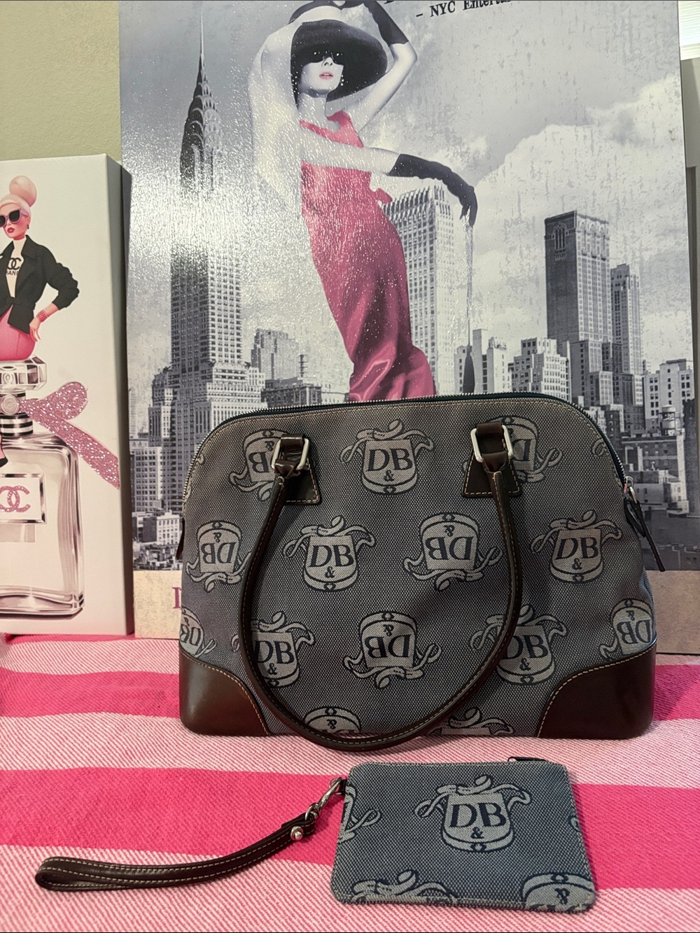 Dooney & Bourke denim blue Logo Satchel with Brown Trim and Matching Wristlet